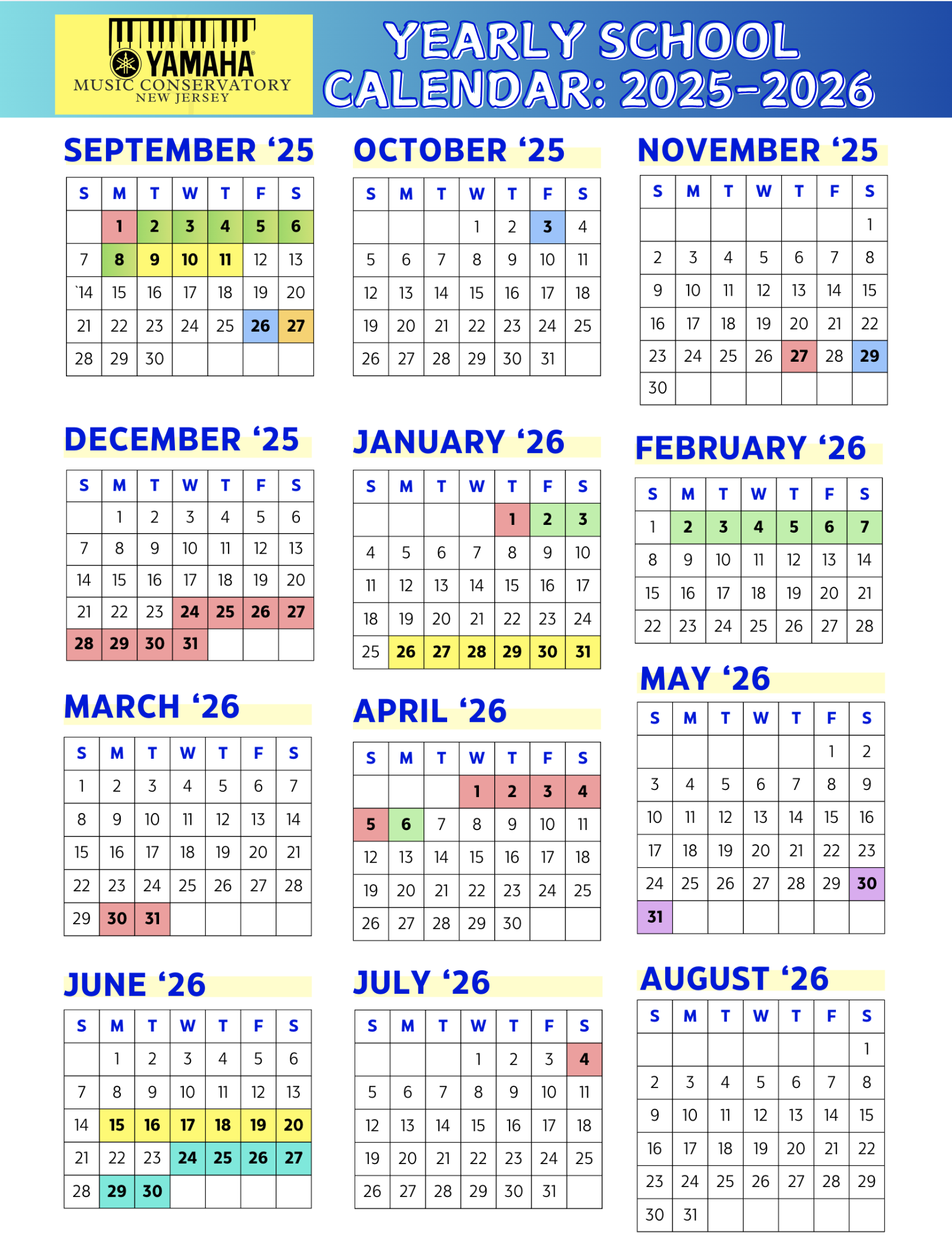 YEARLY SCHEDULE — Yamaha Music Conservatory